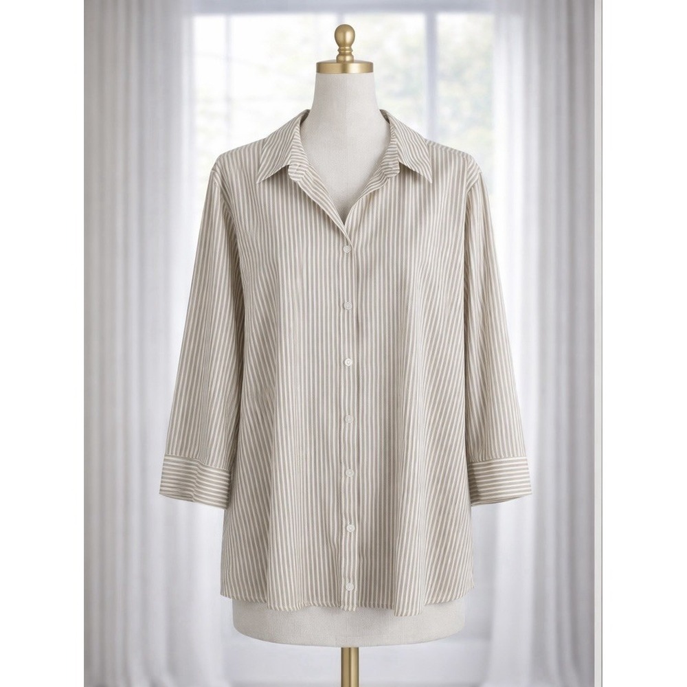 Chicos No Iron Button Up Top 3/4 Sleeve Tan White Striped Cotton Stretch 3 XL - Picture 1 of 10